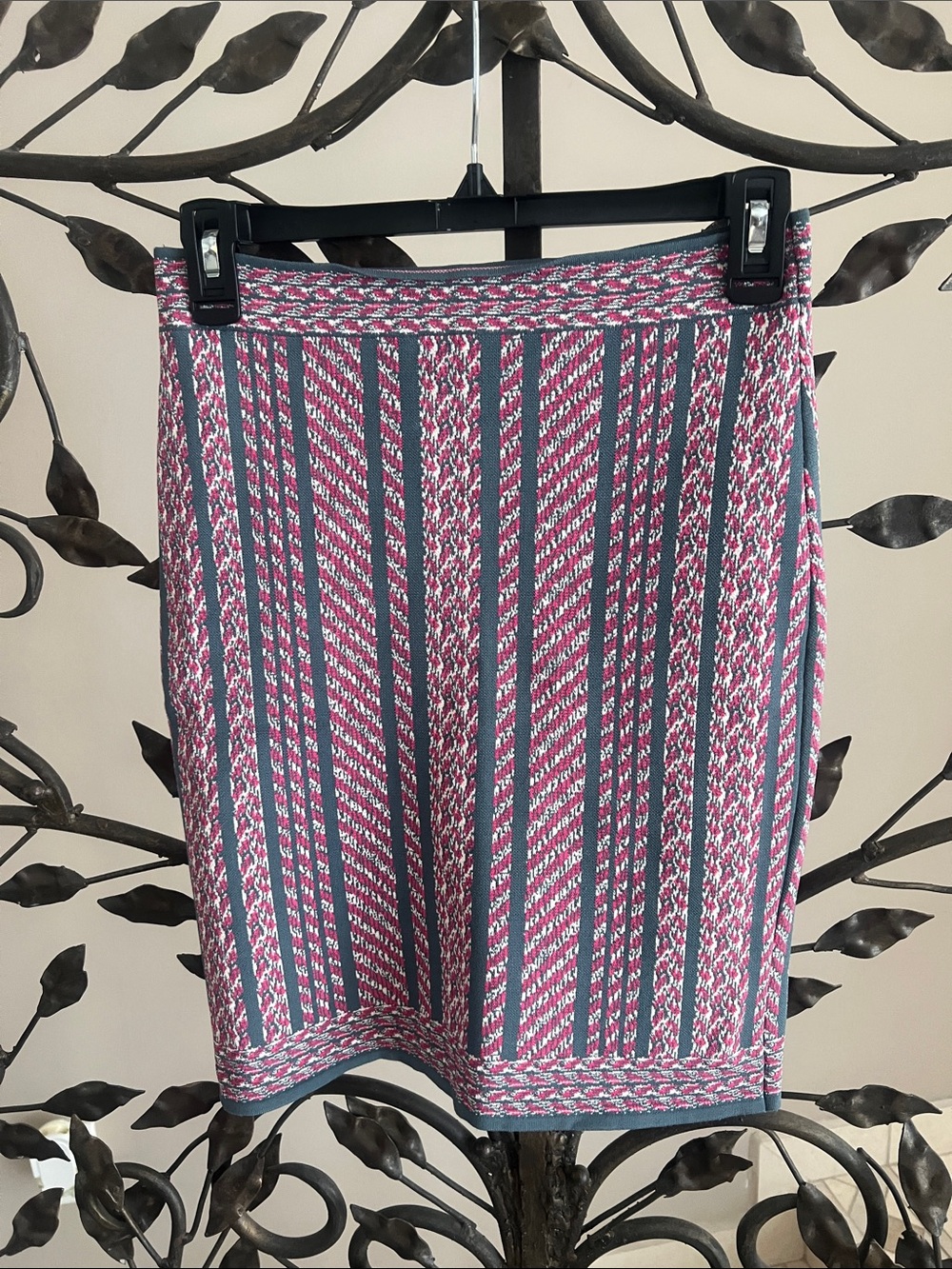 BCBG Woven Pink and Gray Striped Knit Skirt